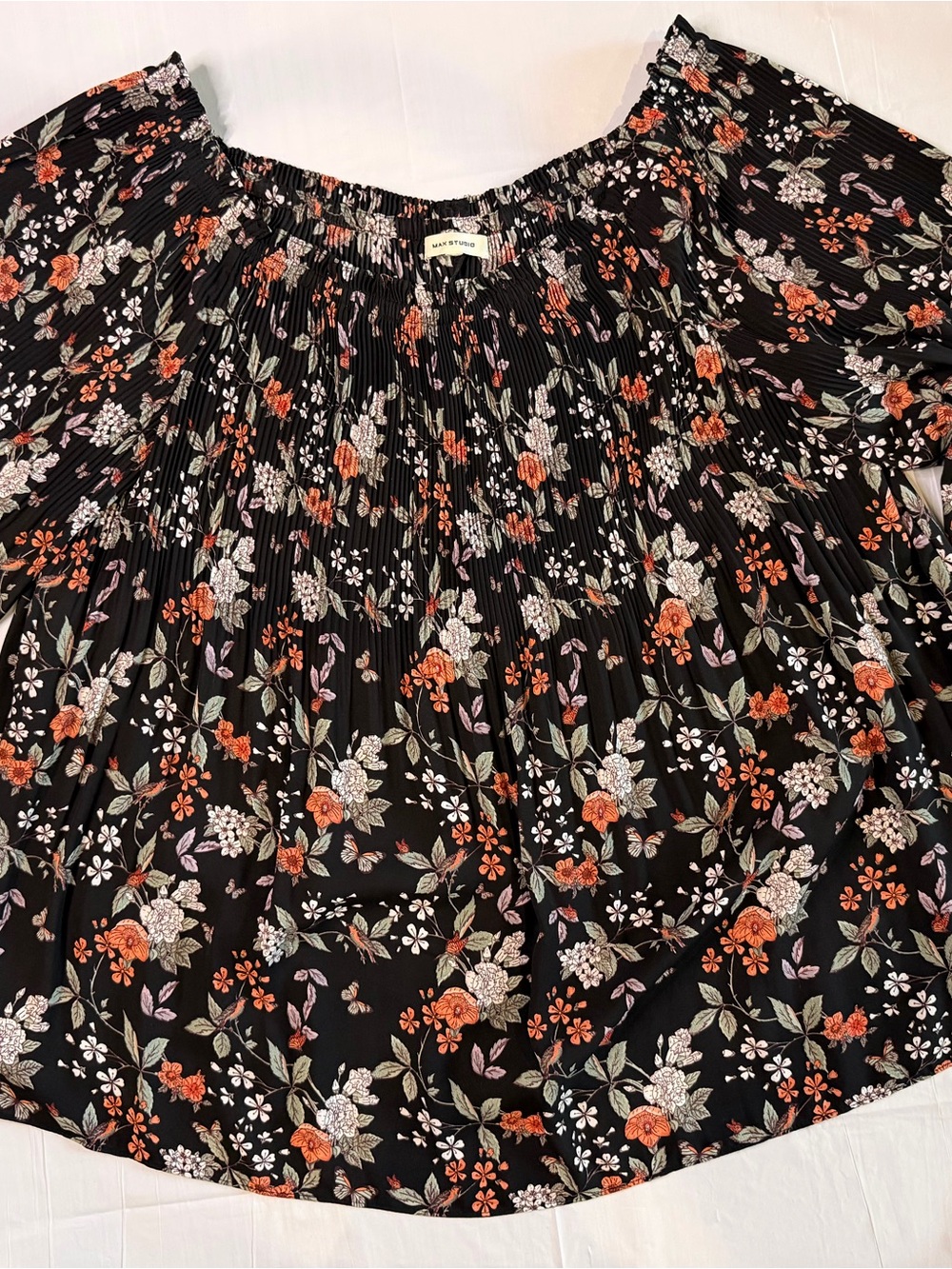 Max Studio Black Floral Pleated Off Shoulder Blouse Bell Sleeve Boho Top Size M